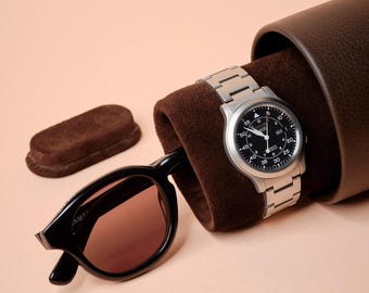 Watch Case, Glasses Case, Jewelry Box, Dark Brown Leather Travel Case, Watch Box, Suede Pillow Storage Organization Handmade by Capra