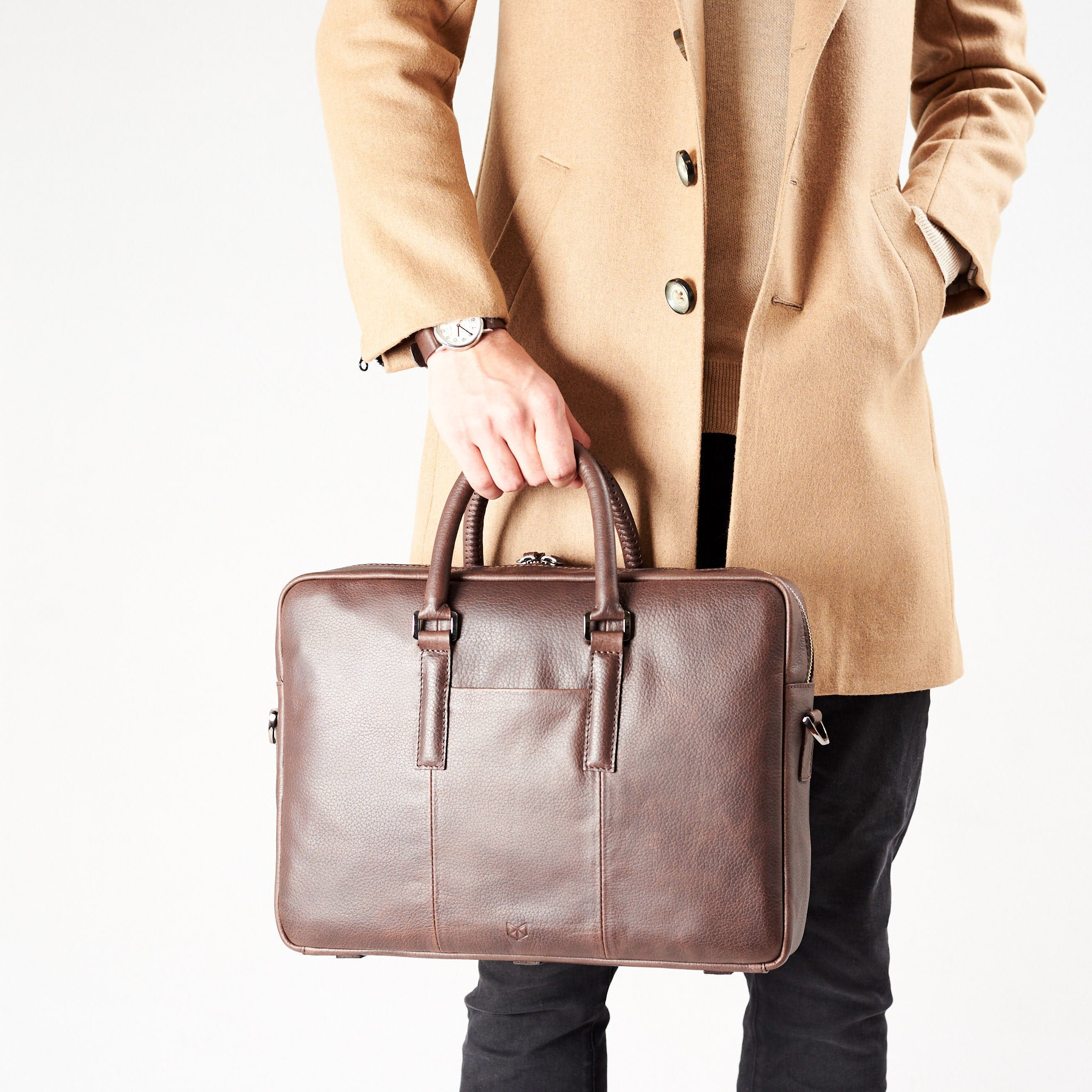 Dark Brown Leather Office Briefcase Men Attache, Document Portfolio ...