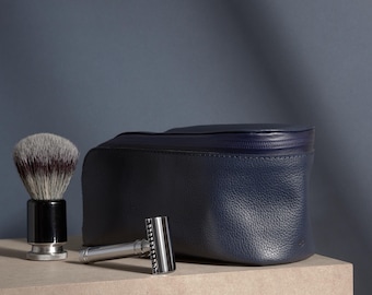 Navy Leather Toiletry Bag Men, Handmade Leather Travel Kit, Wet-proof Liner, Custom Groomsmen Engraved Gift