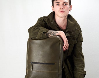 Green Leather Backpack Laptop Men, Handmade Travel Bag, Camera Rucksack, Work Bookbag Daypack, Urban Weekender, Personalized Monogram Gift