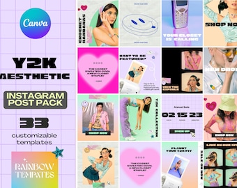 May include: A collection of 33 customisable Instagram post templates with a Y2K aesthetic. The templates feature a variety of colours, patterns, and graphics, including rainbow, crochet, and a vintage phone. The text "Y2K Aesthetic" and "Instagram Post Pack" is featured in a bold, white font.
