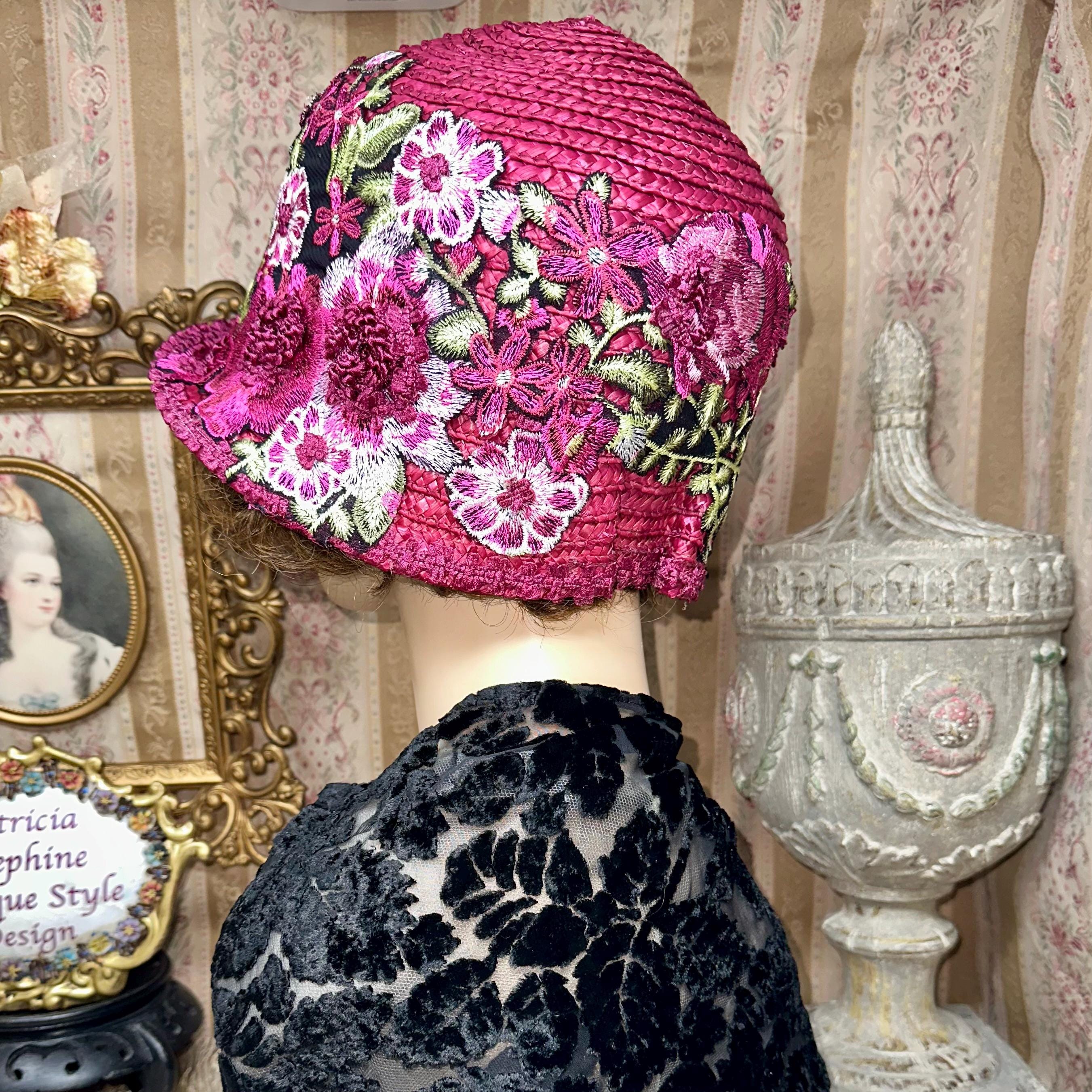 NEW! Rare Upcycled Satin Red and Pink Cap with Chain and Flower Large Red & Emerald Green Rose Floral Flower Fascinator Hat  main image 2