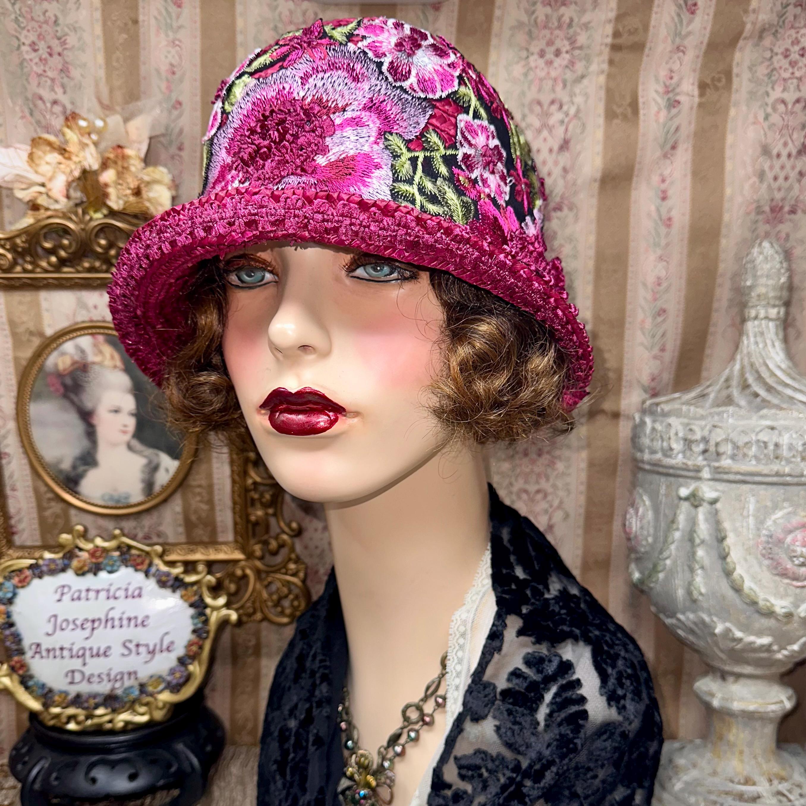 Vintage 1920’s Hat Vintage 1920s Silk Floral Hat with Straw Trim, Green, Brown  main image 2