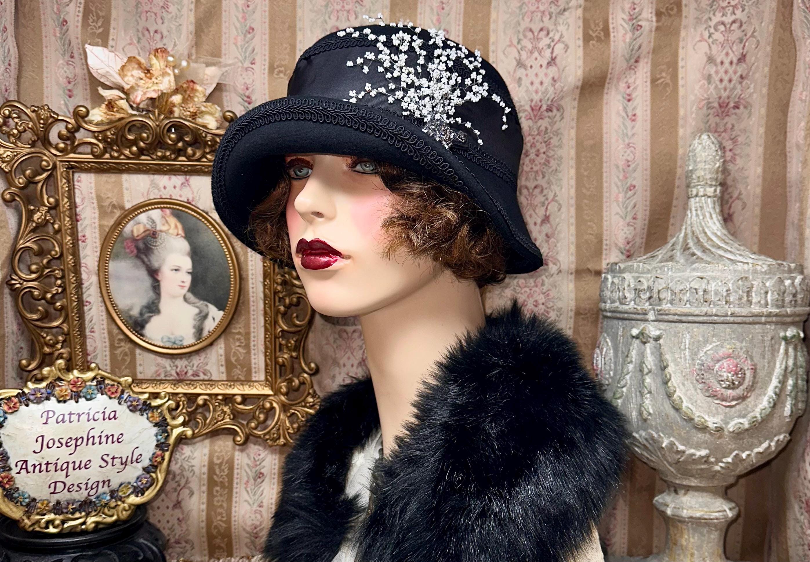 Elegant Black  White Beaded Headpiece Black Church Daytime Flapper Hat Cloche Black Cloche Hat With Cotton and Lace, 1920s Flapper Hat  main image 3
