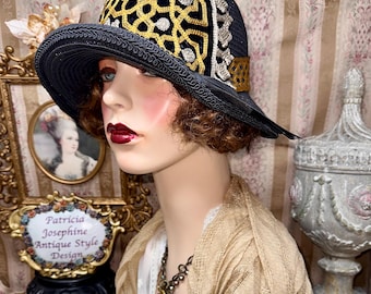 Chic Beige Embroidered  Beaded Cloche Hat Flapper Style Linen Cloche Hat with Satin Rose | The Eleanor  main image 3