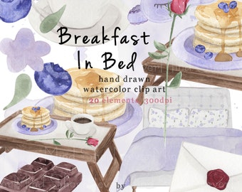 Saint-Valentin jour clipart kit petit déjeuner aquarelle dans le lit numérique clip art peint à la main oreillers de lit masque de couchage crêpes bleuets café
