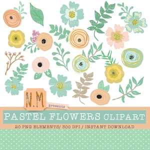 Pastel Flowers clipart set pastel floral decorative elements clip art kit pastel blue pink yellow green flowers leaves spring flower clipart