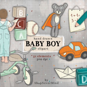 Baby Boy clipart set baby nursery digital clip art commercial use planner stickers graphics teddy bear letter blocks tricycle baseball car
