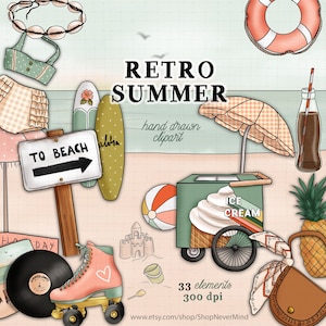 Kit de clipart retrô verão retrô praia digital clip art vintage verão uso comercial registros de sorvete abacaxi mala adesivos gráficos