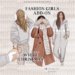 Winter fashion girls clipart kit winter wonderland commercial use fashion girl illustration planner sticker graphics onesie scarf girl kit