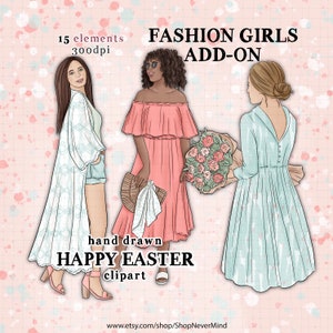 Lente mode meisjes clipart kit commercieel gebruik mode meisje illustratie pastel pasen planner sticker graphics bloemen boeket meisje kit
