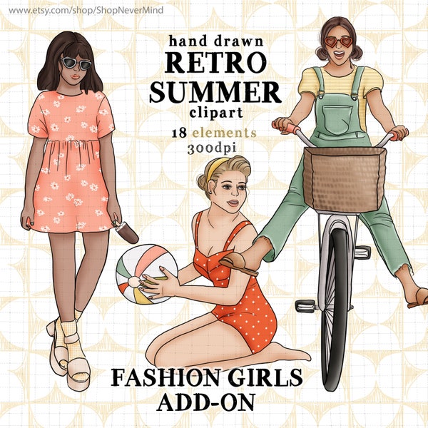 Retro Summer clipart kit vintage summer fashion girls commercial use beach fashion girl illustrations with ice cream beach ball and bicycle