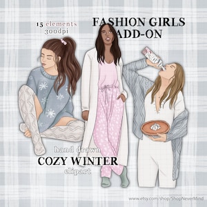 Hiver filles de mode clipart kit commercial utiliser la mode fille illustration hiver wonderland planificateur autocollant graphiques tricot pull girl kit