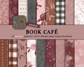 Puede incluir: Colección de arte digital con 44 patrones sin costuras. Los diseños incluyen patrones florales, de lunares y a cuadros en tonos rosa, marrón y gris. El texto "BOOK CAFÉ" se muestra junto con la URL de la tienda Etsy para descarga instantánea.