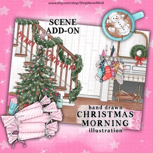 Kerst scène illustratie Roze kerst scène commercieel gebruik kerstboom open haard scène illustratie planner sticker graphics set