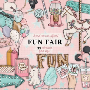 Kit de clipart de carnaval Spring Fun Fair clipart pastel carrossel parque temático clipart uso comercial adesivos gráficos conjunto de balões de máquina de chicletes