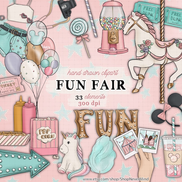 Kit de clipart de carnaval Spring Fun Fair clipart pastel carrousel theme park clipart commercial utilisation sticker graphics gumball machine balloons set