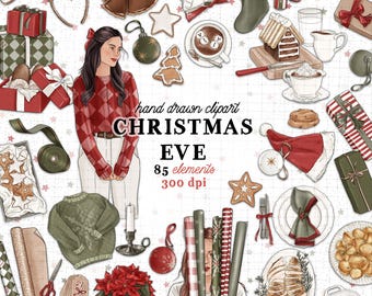 Christmas clipart kit classic christmas eve clipart winter commercial use red and green christmas dinner planner sticker graphics set