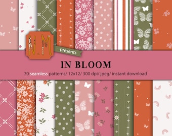 Easter paper pack spring floral digital pattern commercial use seamless shabby floral pattern polkadot pink butterflies flowers paper set