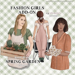 Primavera jardim moda meninas clipart kit jardinagem uso comercial moda menina ilustração planejador adesivo gráficos kit botânico primavera