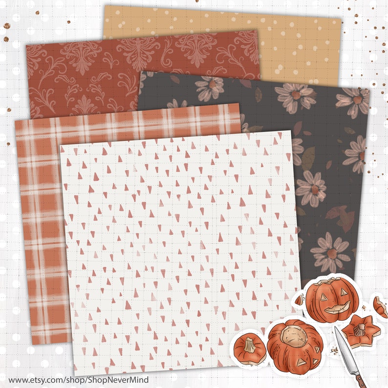 Puede incluir: Paquete de papel digital con seis patrones diferentes. Los patrones incluyen una tela de cuadros roja y blanca, un fondo blanco con peque&ntilde;os tri&aacute;ngulos rojos, un patr&oacute;n de damasco marr&oacute;n y blanco, un patr&oacute;n de lunares marr&oacute;n y blanco, un fondo gris con margaritas blancas y un fondo blanco con tri&aacute;ngulos rojos y blancos. El paquete tambi&eacute;n incluye una imagen digital de una calabaza tallada y un cuchillo.
