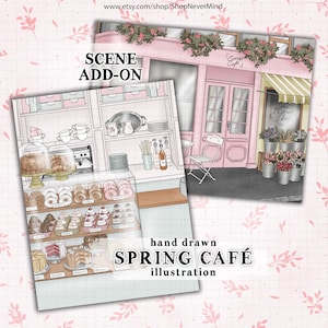 Coffeeshop illustratie lente coffeeshop scène commercieel gebruik lente café illustratie banketbakkerij weergave scène planner sticker graphics