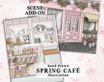 Coffee shop illustration spring coffee shop scene commercial use spring cafe illustration pastry shop display scene planner sticker graphics