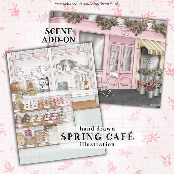 Coffee shop illustration spring coffee shop scene commercial use spring cafe illustration pastry shop display scene planner sticker graphics