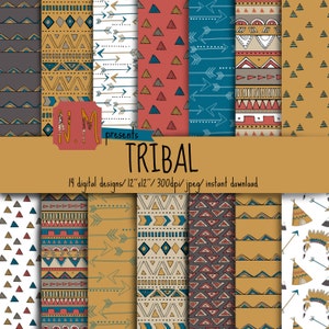 Tribal digital paper pack tribal digital pattern mustard yellow blue red aztec background commercial use fall papers arrows triangles tent