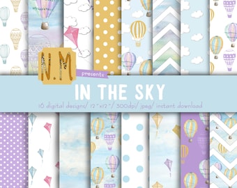 Hot air balloon digital paper pack watercolor sky kite hot air balloon digital patterns hand drawn pastel summer pattern baby boy, baby blue