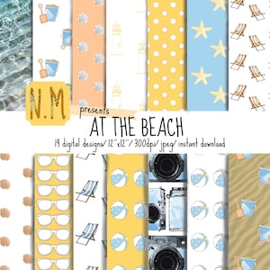 Beach digital paper, At the Beach, colorful summer printable paper with beach, sand, ocean, sunglasses, for beach and summer scrapbooking