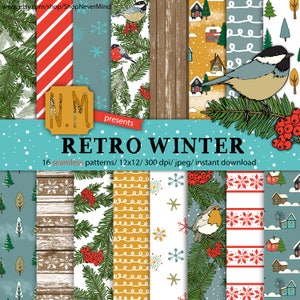 Pack de papier d'hiver rétro noel papier numérique modèle commercial utilisation d'oiseau de neige mistletoe maisons rouge vert bleu hiver modèle sans couture