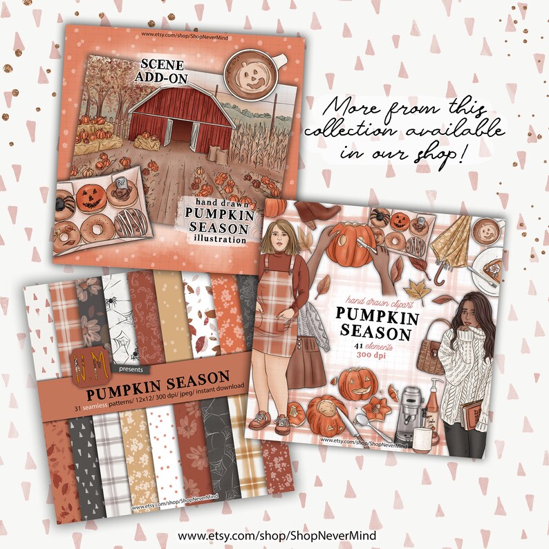 Puede incluir: Un conjunto de ilustraciones digitales con una variedad de elementos de tem&aacute;tica oto&ntilde;al, incluyendo calabazas, hojas y un personaje lindo. El conjunto incluye 31 patrones sin costuras y 41 elementos de clipart, todos en una paleta de colores c&aacute;lidos de naranja, marr&oacute;n y crema. El texto "Pumpkin Season" aparece en la imagen.