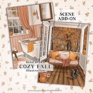 Herfstillustratie Gezellige herfstscène Thanksgiving scène illustratie commercieel gebruik herfst veranda schommel en bad planner sticker graphics