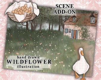 Cottage scene illustration Cottagecore scene commercial use spring flowers scene illustration wildflower field planner sticker graphics
