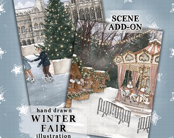 Winter wonderland illustration winter fair christmas market scene commercial use carnival carousel ice skating rink planner sticker graphics