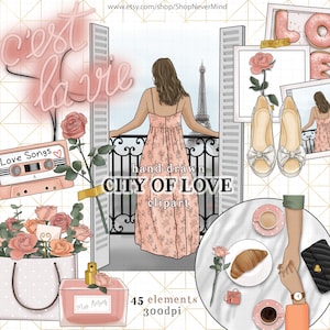 Día de San Valentín clipart kit comercial uso amor clipart planificador pegatinas gráficos neón signo rosas San valentía paris cassette perfume clipart