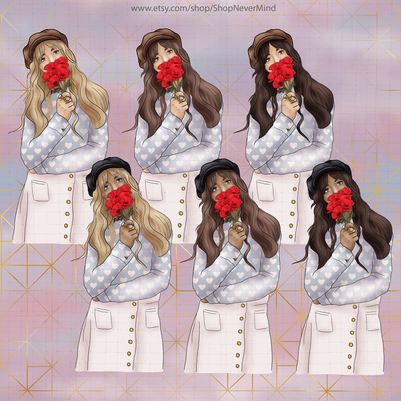 Spring clipart kit poppies clipart fashion girls commercial use planner sticker graphics summer picnic poppy fields red and gold clipart