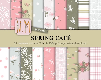 Coffee shop paper pack Pastel spring cafe digital pattern commercial use seamless floral pattern plaid daisies pattern sprinkles paper