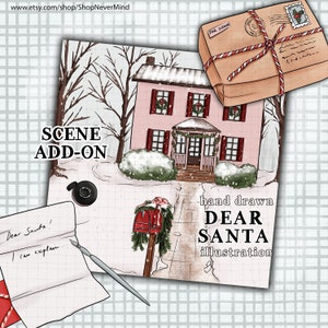 Scène de Noël scène maison illustration scène clipart hiver pays des merveilles commerciales utiliser la boîte aux lettres rouge scène rustique de noël neige autocollant graphiques