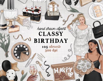 Birthday clipart kit classy black and gold birthday party clipart birthday cake donuts clipart commercial use planner sticker graphics