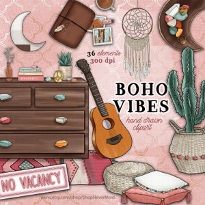 Boho digitale clipart kit boho zomer digitale clip art boho commerciële gebruiken sticker graphics boho kamer cactussen kristallen gitaar dreamcatcher