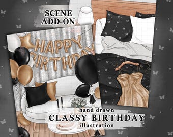 Birthday Party illustration Classy black and gold Birthday scene commercial use party balloons illustration birthday cake planner graphics