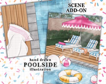 Summer illustration summer vacation scene poolside scene illustration commercial use summer break pool and floaties planner sticker graphics