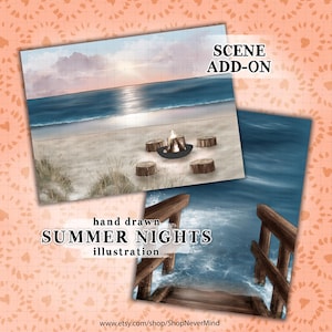 Zomerillustratie zomernachten scène zonsondergang strand scène illustratie commercieel gebruik zomervakantie oceaanzicht planner sticker afbeeldingen
