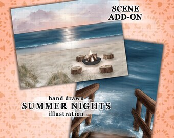 Summer illustration summer nights scene sunset beach scene illustration commercial use summer break ocean view planner sticker graphics