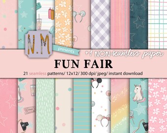 Carnival digital paper pack pink carnival digital pattern commercial use planner sticker graphics carousel seamless pattern pastel rainbow