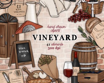 Fall clipart kit vineyard fall clip art set commercial use autumn winery cheese rustic wine grapes clip art planner stickers graphics set