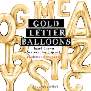 Gold Letter Balloons clipart digital watercolor gold birthday balloons hand painted party wedding celebration balloons letters clipart set