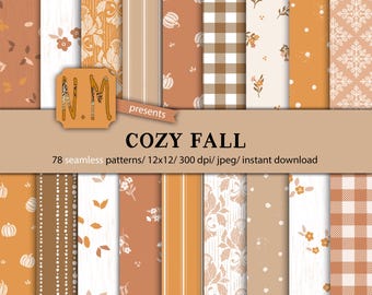 Fall paper pack cozy fall digital pattern commercial use seamless autumn floral pattern thanksgiving plaid stripes and flowers paper set